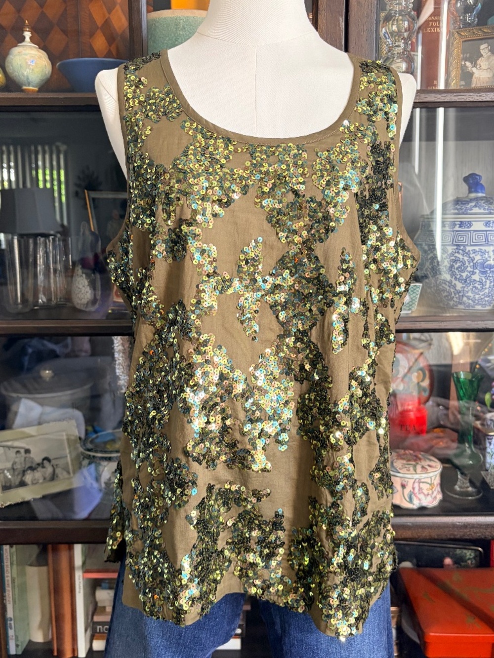 J Crew, Sequin Tank in Olive size 10